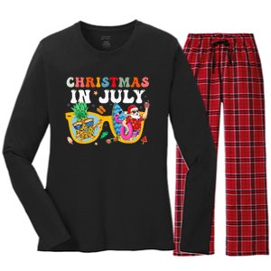 Christmas In July Santa Sunglasses Summer Beach Funny Xmas Women's Long Sleeve Flannel Pajama Set 