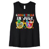 Christmas In July Santa Sunglasses Summer Beach Funny Xmas Women's Racerback Cropped Tank