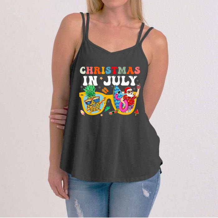 Christmas In July Santa Sunglasses Summer Beach Funny Xmas Women's Strappy Tank