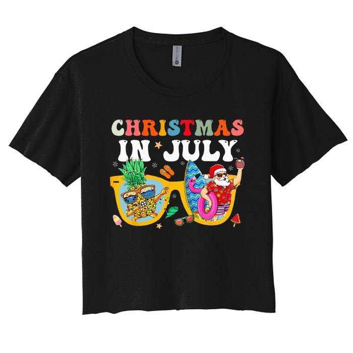 Christmas In July Santa Sunglasses Summer Beach Funny Xmas Women's Crop Top Tee