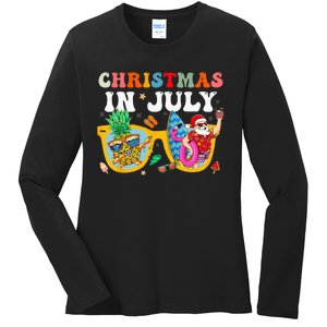 Christmas In July Santa Sunglasses Summer Beach Funny Xmas Ladies Long Sleeve Shirt