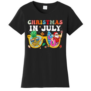 Christmas In July Santa Sunglasses Summer Beach Funny Xmas Women's T-Shirt