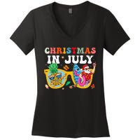 Christmas In July Santa Sunglasses Summer Beach Funny Xmas Women's V-Neck T-Shirt