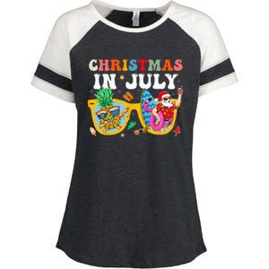 Christmas In July Santa Sunglasses Summer Beach Funny Xmas Enza Ladies Jersey Colorblock Tee