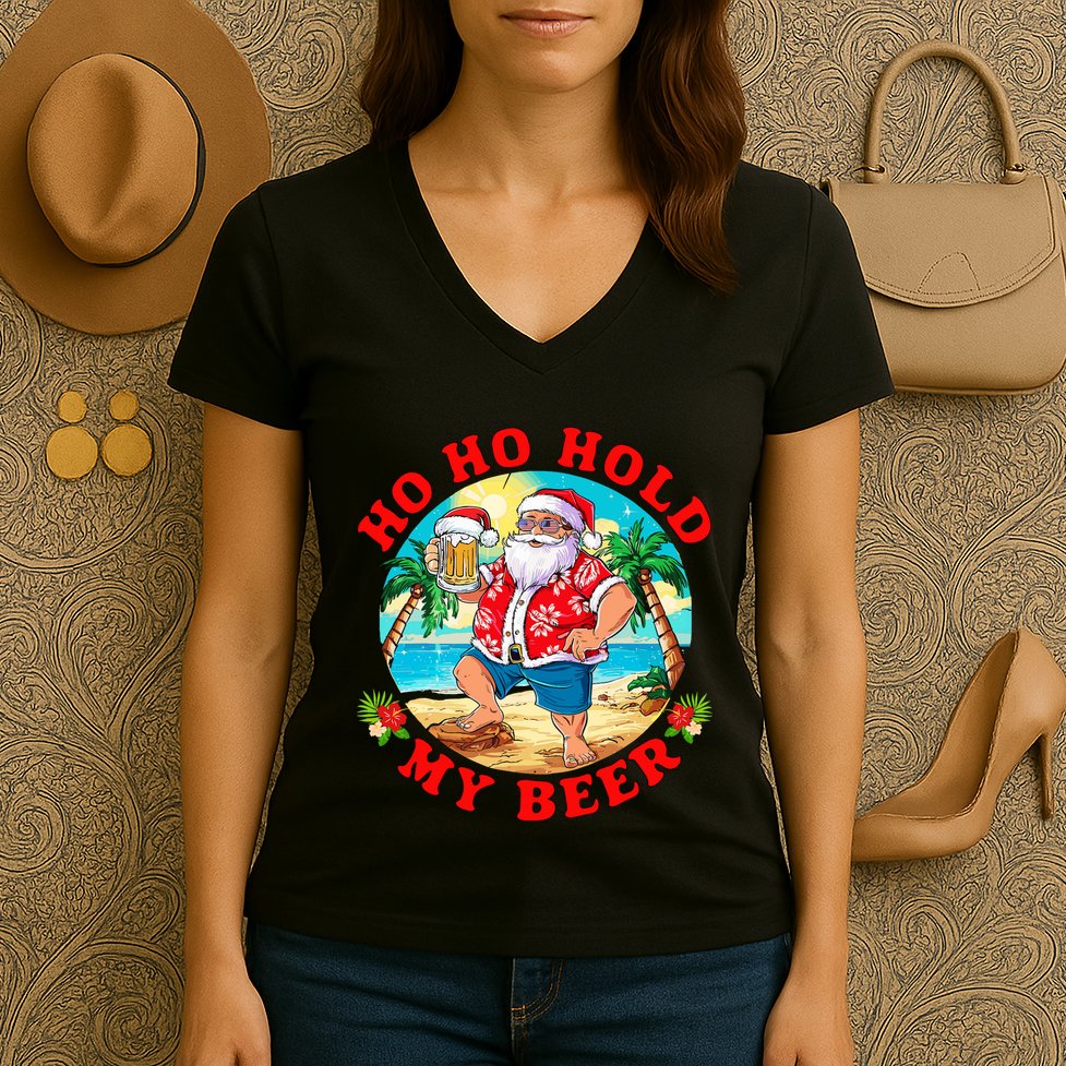 Christmas In July Summer Santa Sunglasses Ho Ho Hold My Beer Women's V-Neck T-Shirt