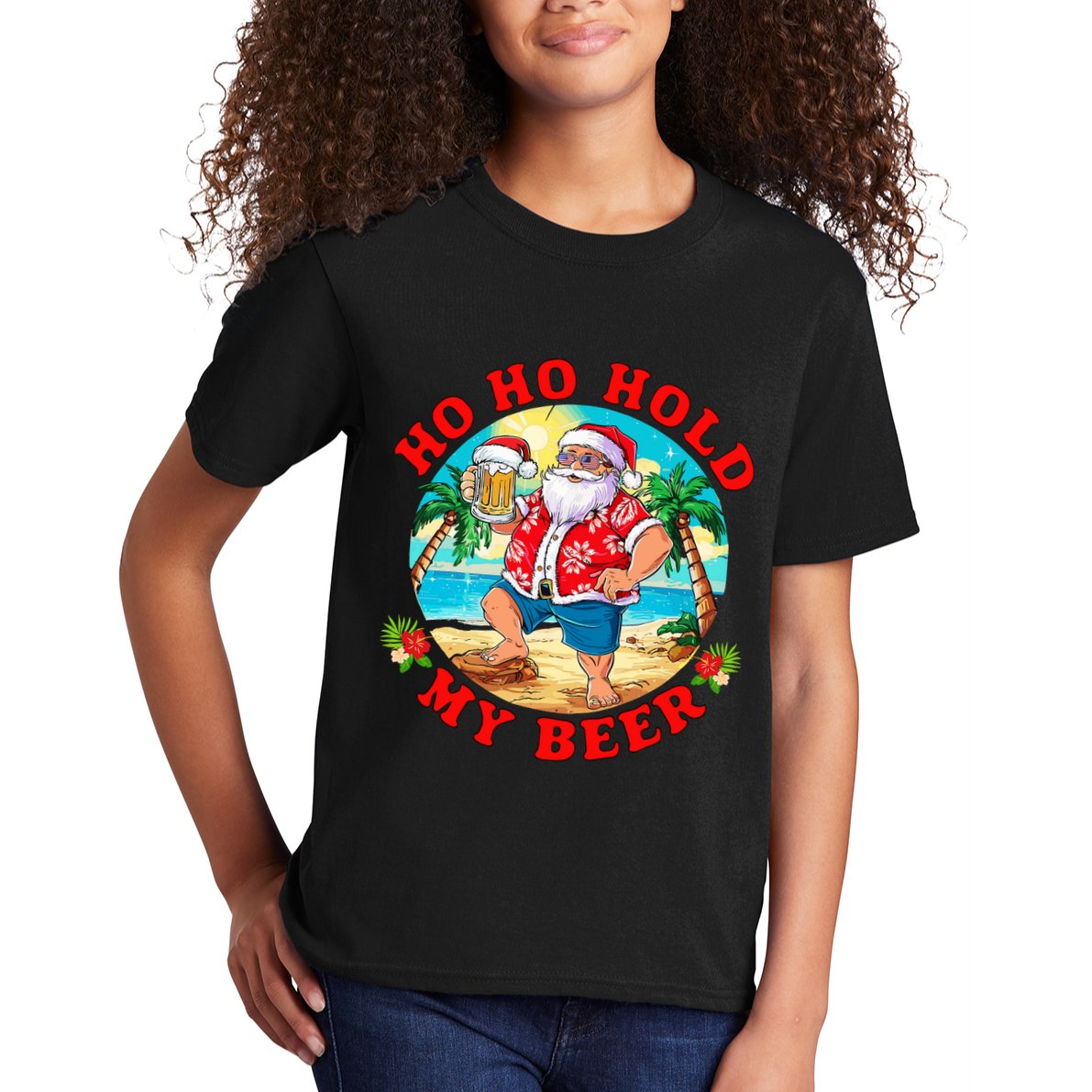 Christmas In July Summer Santa Sunglasses Ho Ho Hold My Beer Kids T-Shirt