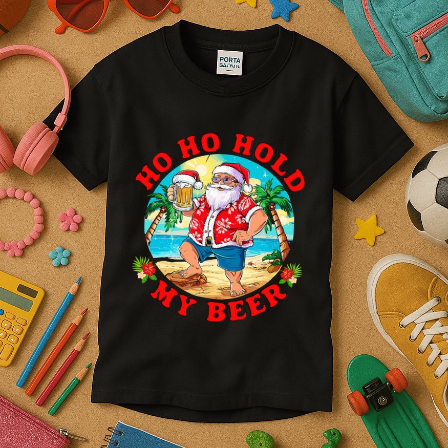 Christmas In July Summer Santa Sunglasses Ho Ho Hold My Beer Kids T-Shirt