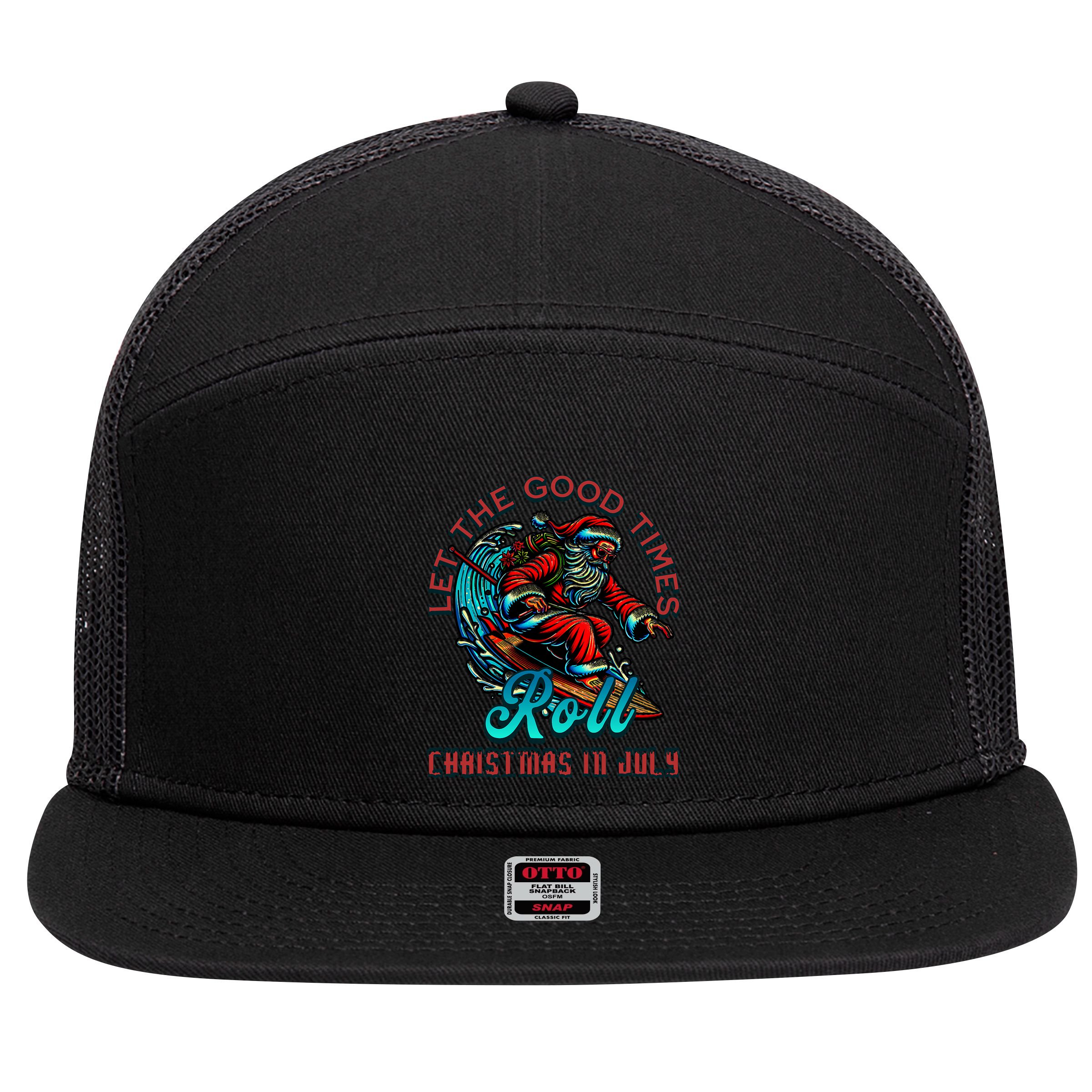 Christmas In July Surfing Santa Claus Beach Xmas Surf 7 Panel Mesh Trucker Snapback Hat