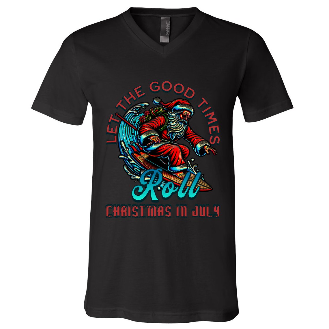 Christmas In July Surfing Santa Claus Beach Xmas Surf V-Neck T-Shirt