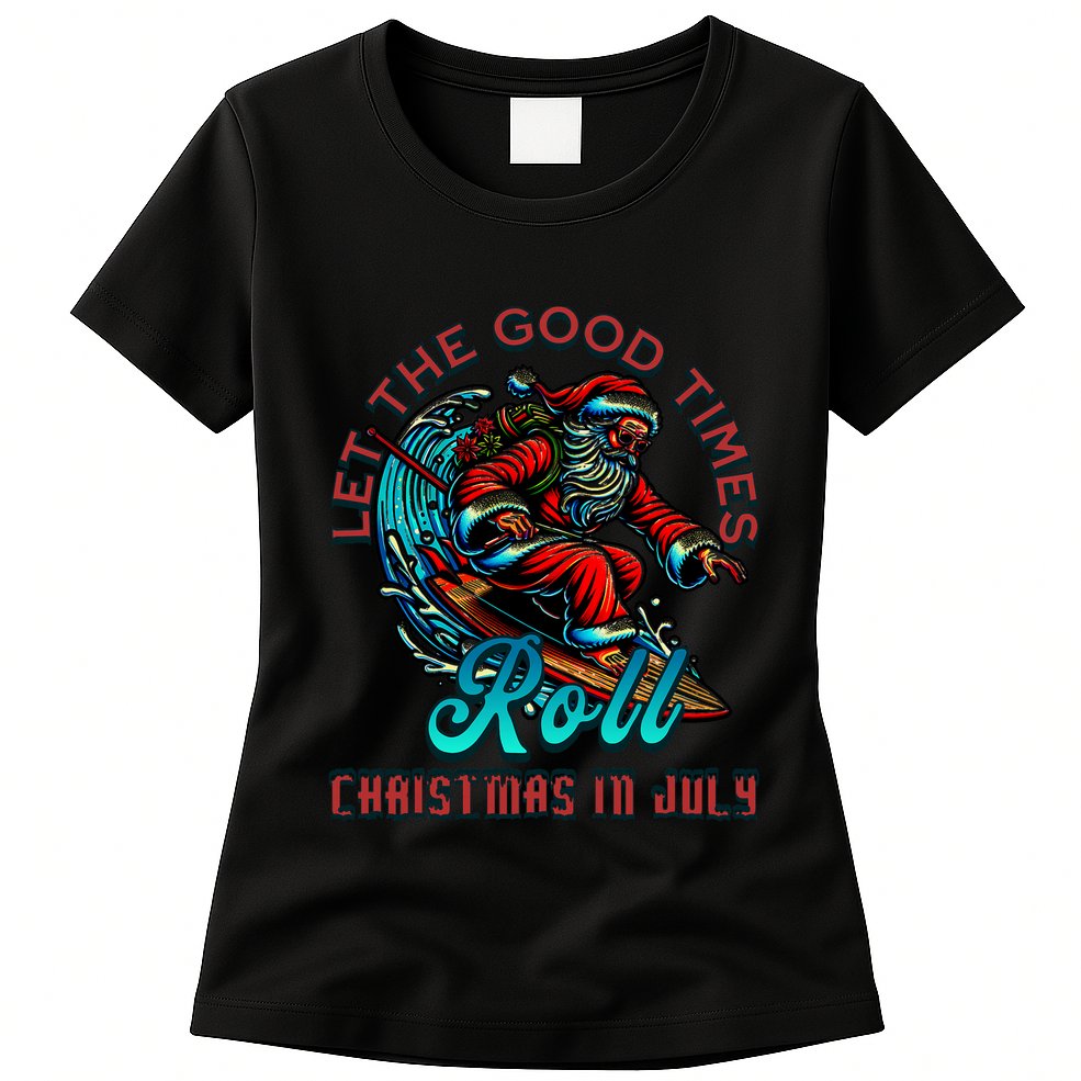 Christmas In July Surfing Santa Claus Beach Xmas Surf Womens T-Shirt
