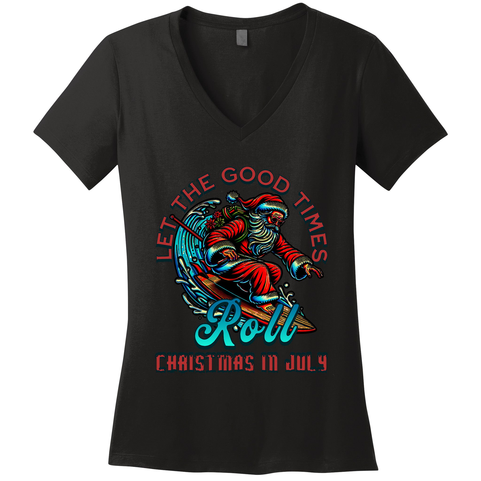 Christmas In July Surfing Santa Claus Beach Xmas Surf Women's V-Neck T-Shirt