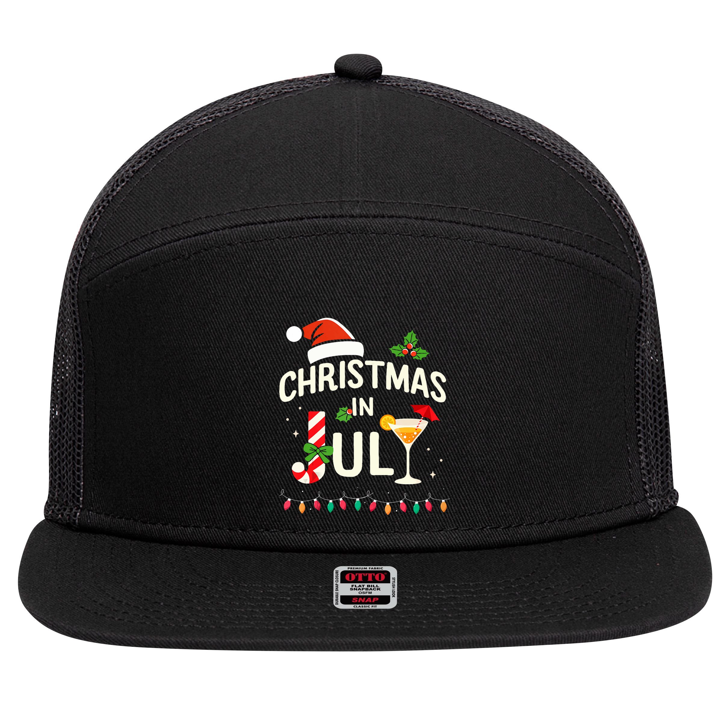 Christmas In July With Candy Cane For Summer Beach Xmas 7 Panel Mesh Trucker Snapback Hat