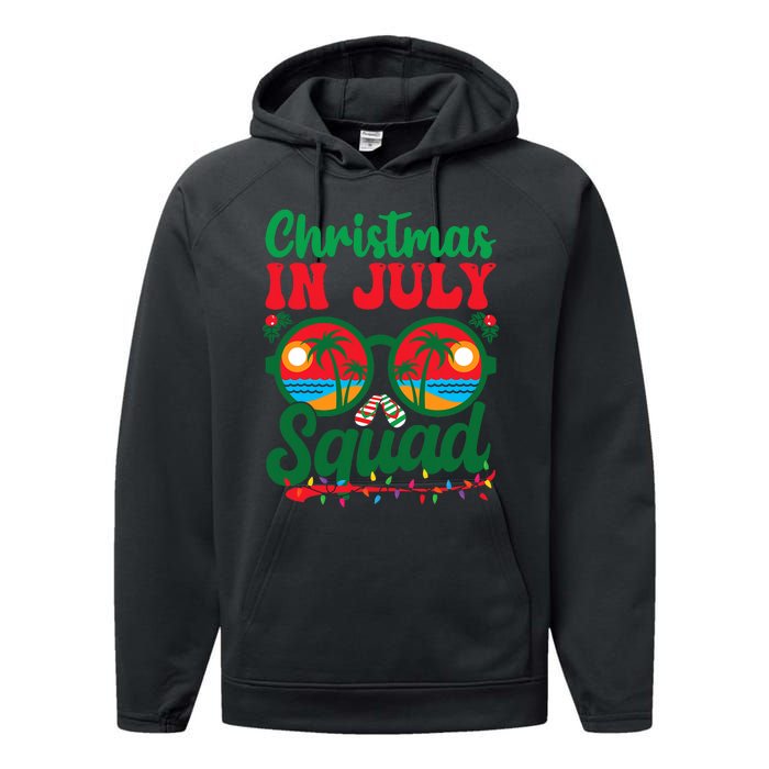 Christmas In July Squad Retro Sunglass Palm Tree Summer Xmas Performance Fleece Hoodie