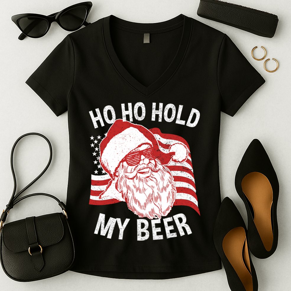 Christmas In July Santa Ho Ho Hold My Beer Women's V-Neck T-Shirt
