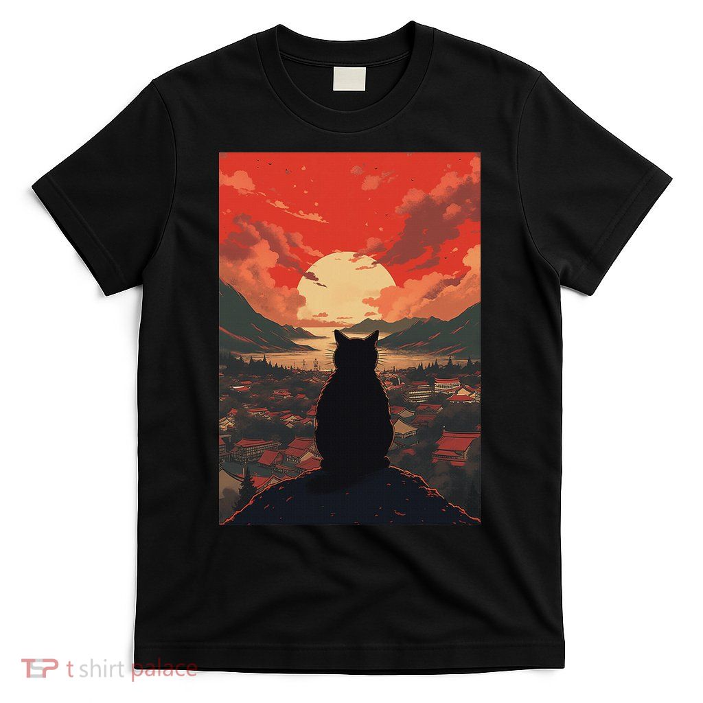 Catzilla In Japanese Sunset Vintage Funny Cat Art T-Shirt