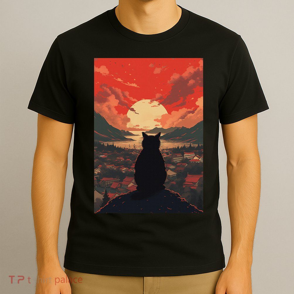 Catzilla In Japanese Sunset Vintage Funny Cat Art T-Shirt