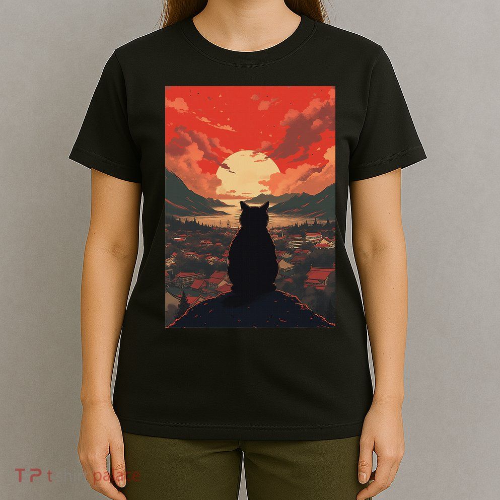 Catzilla In Japanese Sunset Vintage Funny Cat Art T-Shirt