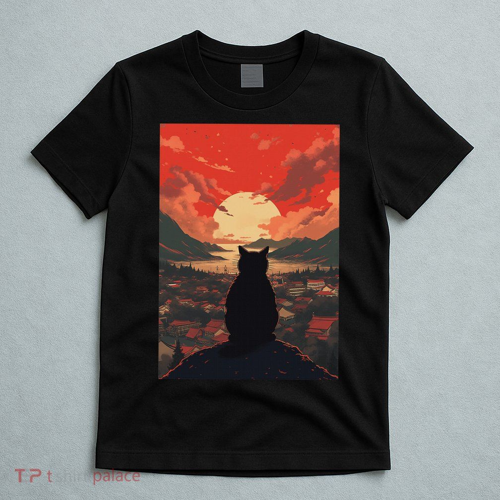 Catzilla In Japanese Sunset Vintage Funny Cat Art T-Shirt