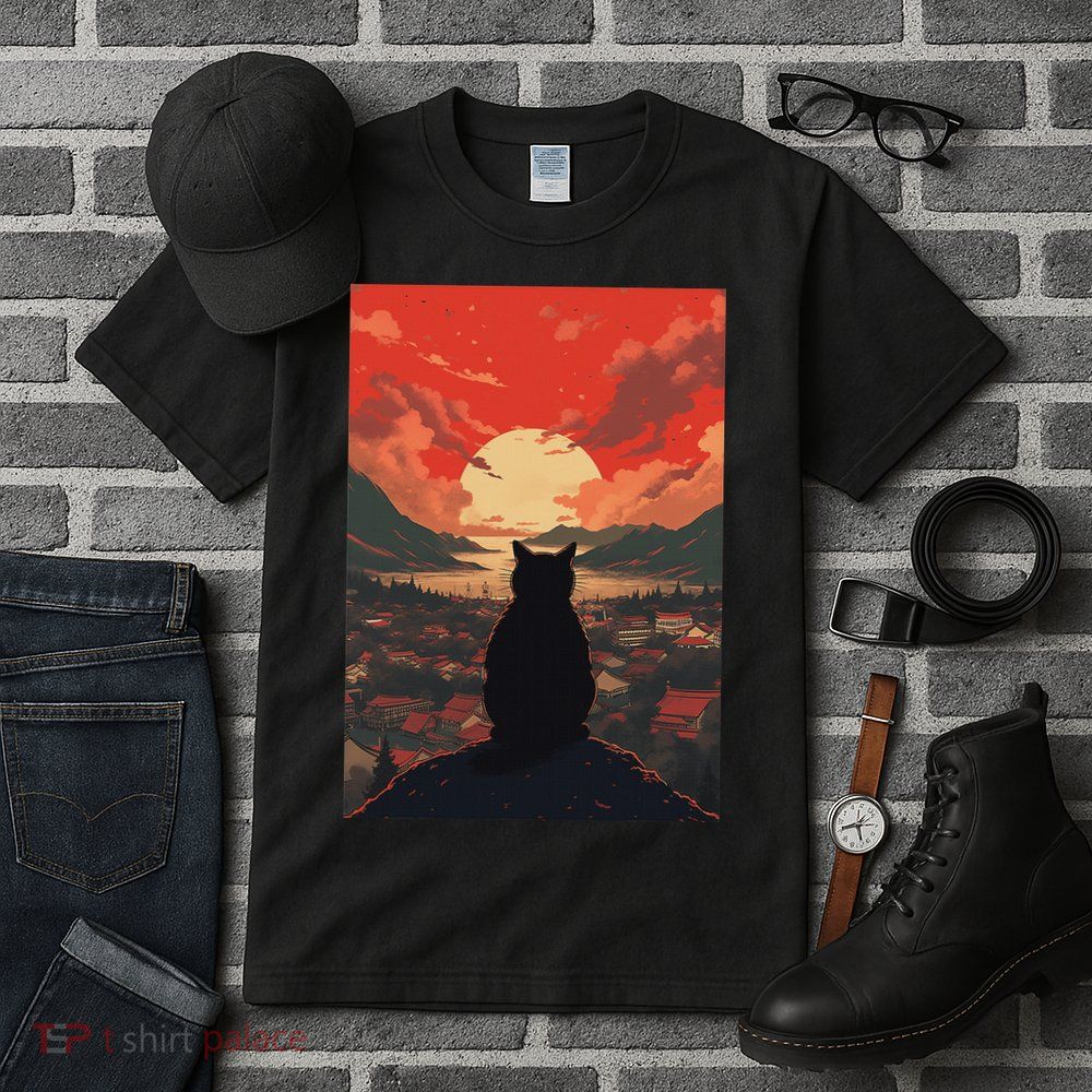 Catzilla In Japanese Sunset Vintage Funny Cat Art Tall T-Shirt