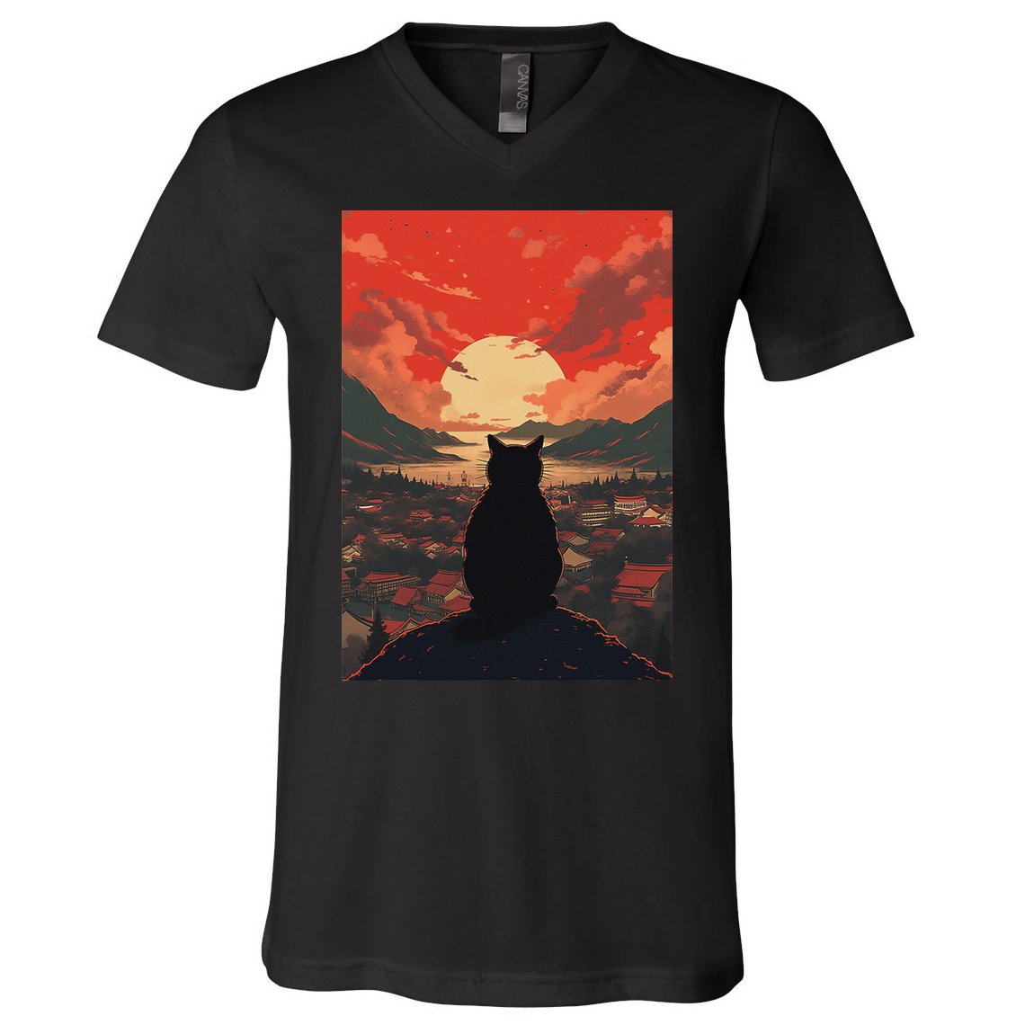 Catzilla In Japanese Sunset Vintage Funny Cat Art V-Neck T-Shirt