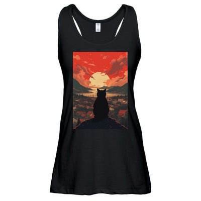 Catzilla In Japanese Sunset Vintage Funny Cat Art Ladies Essential Flowy Tank