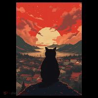 Catzilla In Japanese Sunset Vintage Funny Cat Art Flatbill Hat