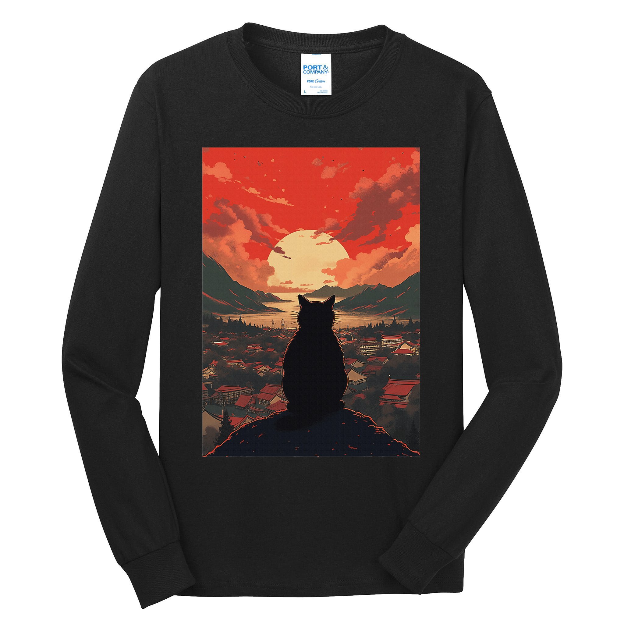 Catzilla In Japanese Sunset Vintage Funny Cat Art Tall Long Sleeve T-Shirt