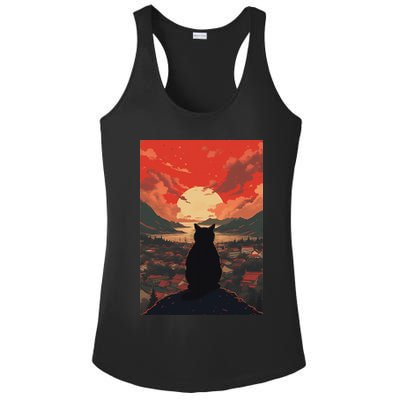 Catzilla In Japanese Sunset Vintage Funny Cat Art Ladies PosiCharge Competitor Racerback Tank