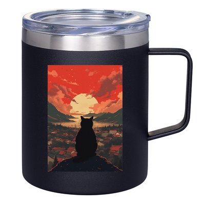 Catzilla In Japanese Sunset Vintage Funny Cat Art 12oz Stainless Steel Coffee Mug