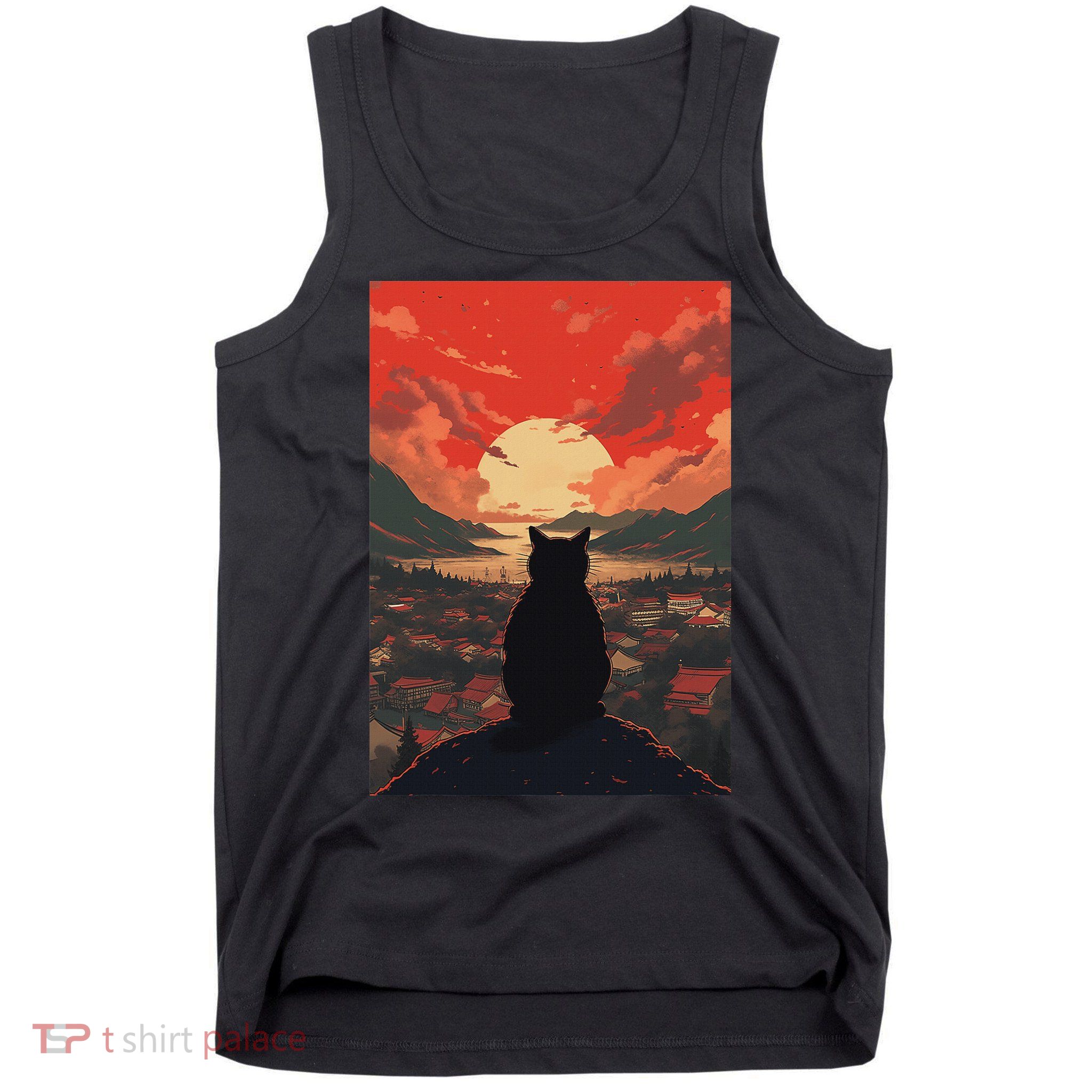 Catzilla In Japanese Sunset Vintage Funny Cat Art Tank Top
