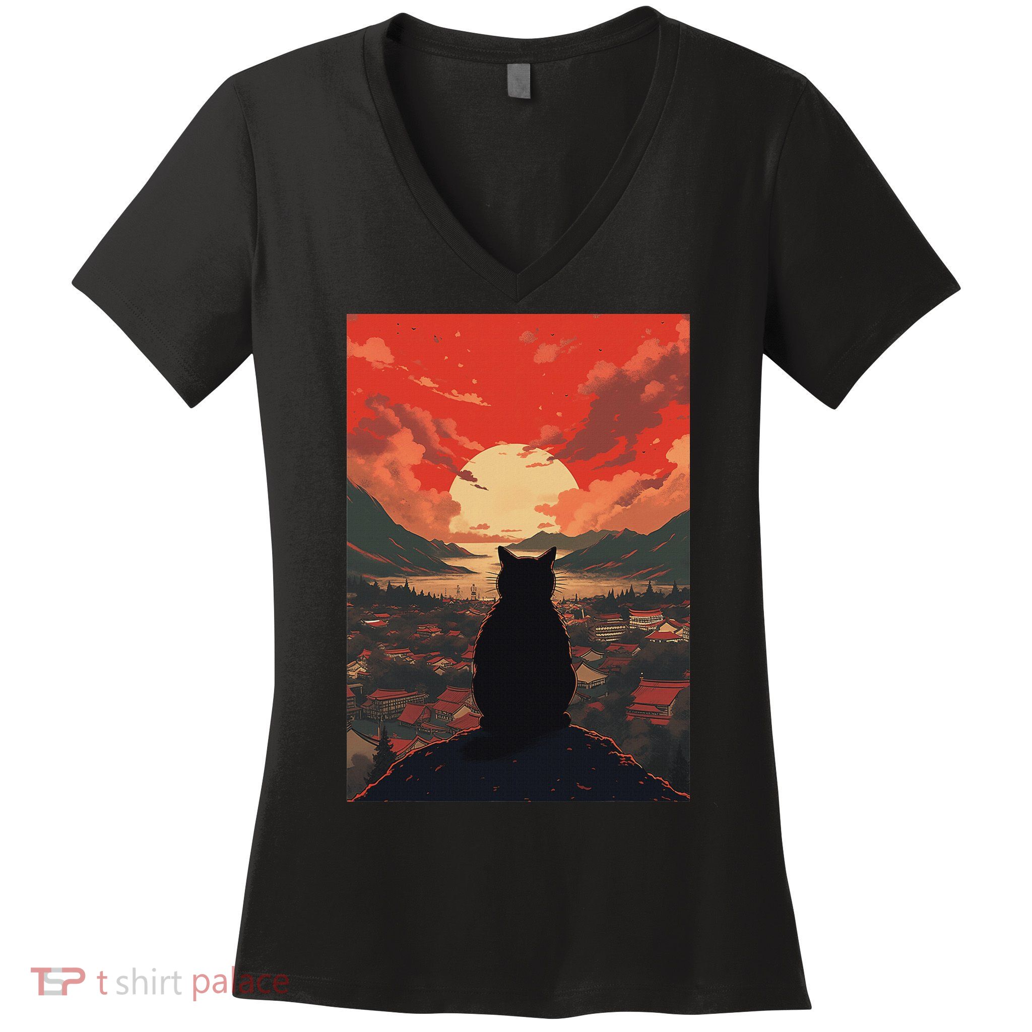 Catzilla In Japanese Sunset Vintage Funny Cat Art Women's V-Neck T-Shirt