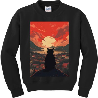 Catzilla In Japanese Sunset Vintage Funny Cat Art Kids Sweatshirt