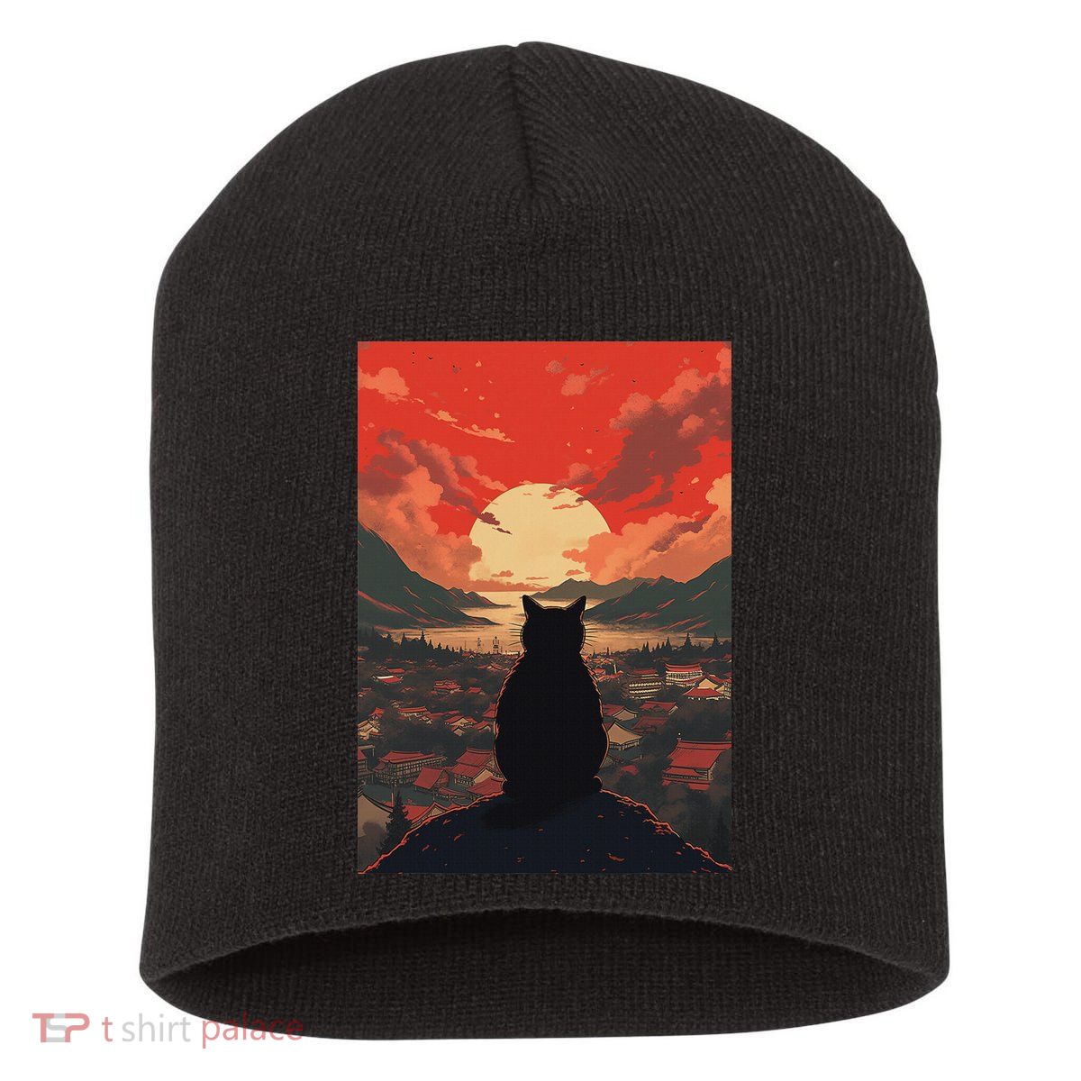 Catzilla In Japanese Sunset Vintage Funny Cat Art Short Acrylic Beanie