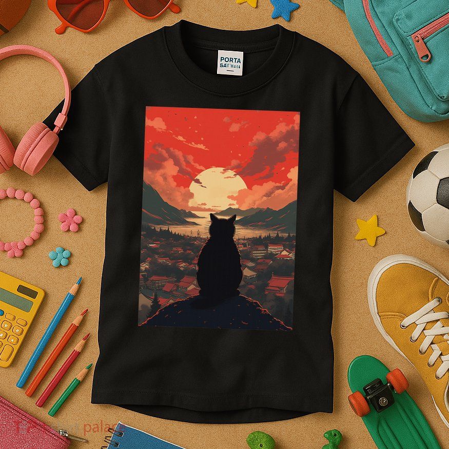 Catzilla In Japanese Sunset Vintage Funny Cat Art Kids T-Shirt