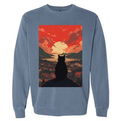 Catzilla In Japanese Sunset Vintage Funny Cat Art Garment-Dyed Sweatshirt
