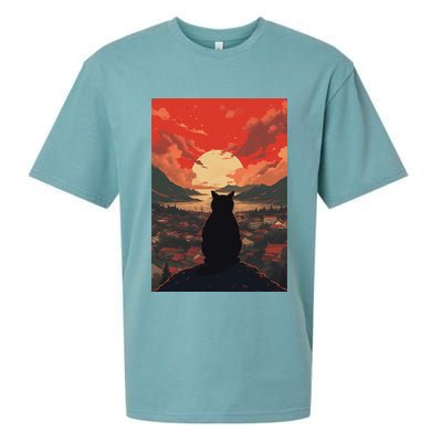 Catzilla In Japanese Sunset Vintage Funny Cat Art Sueded Cloud Jersey T-Shirt