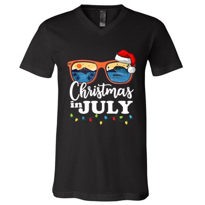 Christmas In July Funny Santa Summer Beach Vacation Sunglasses V-Neck T-Shirt