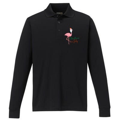 Christmas In July Pink Flamingo Santa Gift Performance Long Sleeve Polo