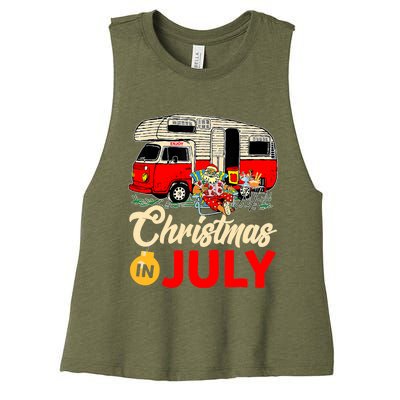 Christmas In July Camping Santa Campers Summer Vacay Women's Racerback Cropped Tank