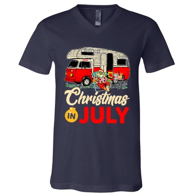 Christmas In July Camping Santa Campers Summer Vacay V-Neck T-Shirt