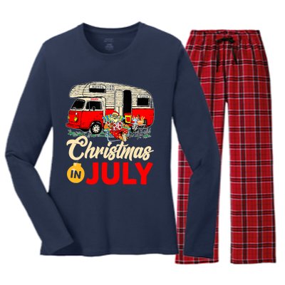 Christmas In July Camping Santa Campers Summer Vacay Women's Long Sleeve Flannel Pajama Set 