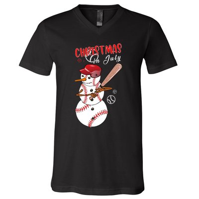 Christmas In July For Baseball Fan Snowman Snowman Baseball V-Neck T-Shirt