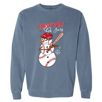 Christmas In July For Baseball Fan Snowman Snowman Baseball Garment-Dyed Sweatshirt