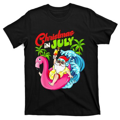 Christmas In July Santa Hawaiian Flamingo Summer Beach Xmas T-Shirt