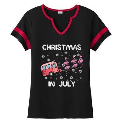 Christmas In July Flamingo Trailer Summer Xmas Camp Camper Ladies Halftime Notch Neck Tee