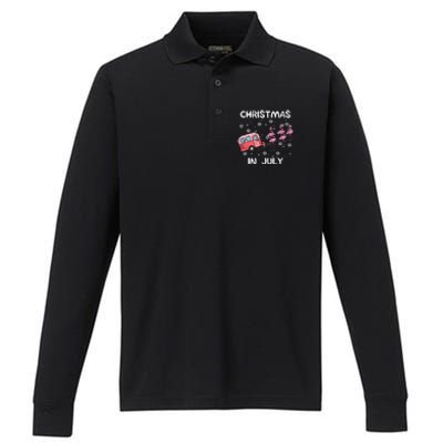 Christmas In July Flamingo Trailer Summer Xmas Camp Camper Performance Long Sleeve Polo