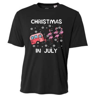 Christmas In July Flamingo Trailer Summer Xmas Camp Camper Cooling Performance Crew T-Shirt