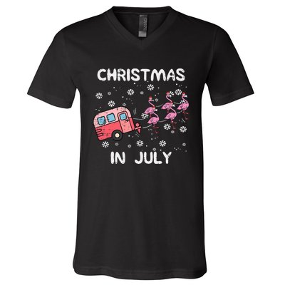 Christmas In July Flamingo Trailer Summer Xmas Camp Camper V-Neck T-Shirt