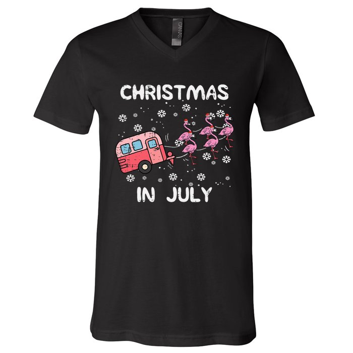 Christmas In July Flamingo Trailer Summer Xmas Camp Camper V-Neck T-Shirt