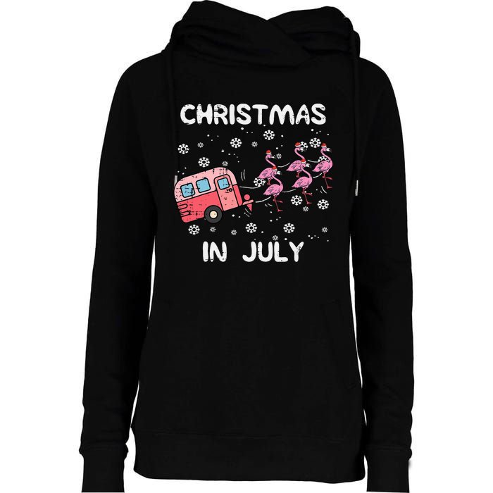 Christmas In July Flamingo Trailer Summer Xmas Camp Camper Womens Funnel Neck Pullover Hood